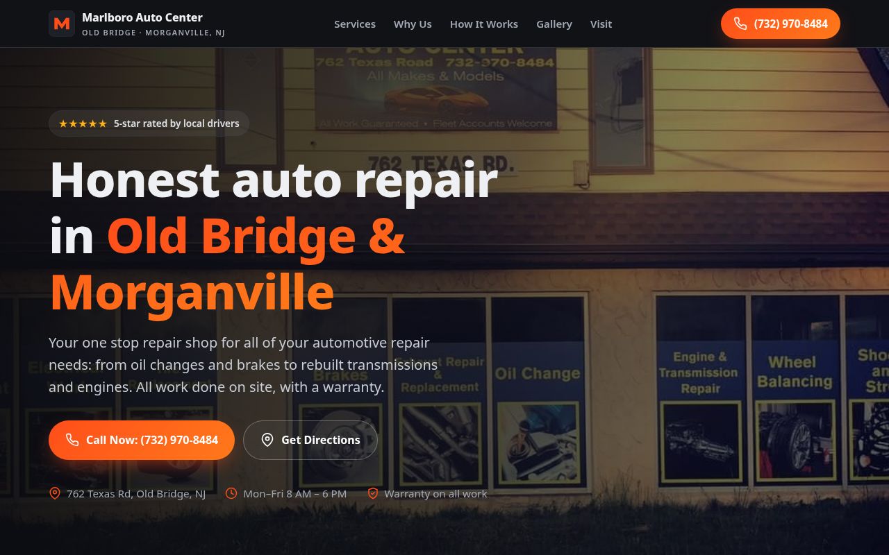 Homepage of Marlboro Auto Center, an auto repair shop in Old Bridge, New Jersey