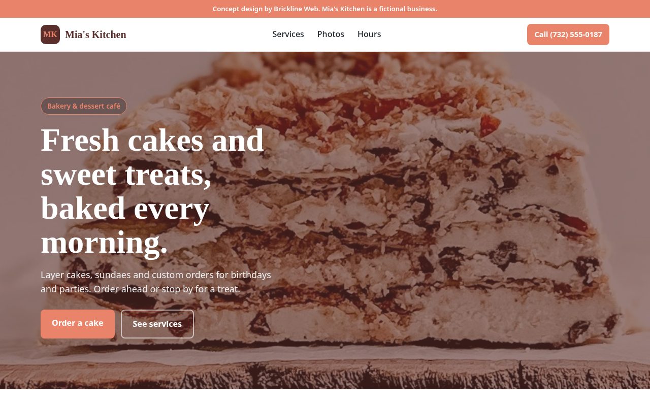 Concept homepage for Mia's Kitchen, a fictional bakery and dessert café
